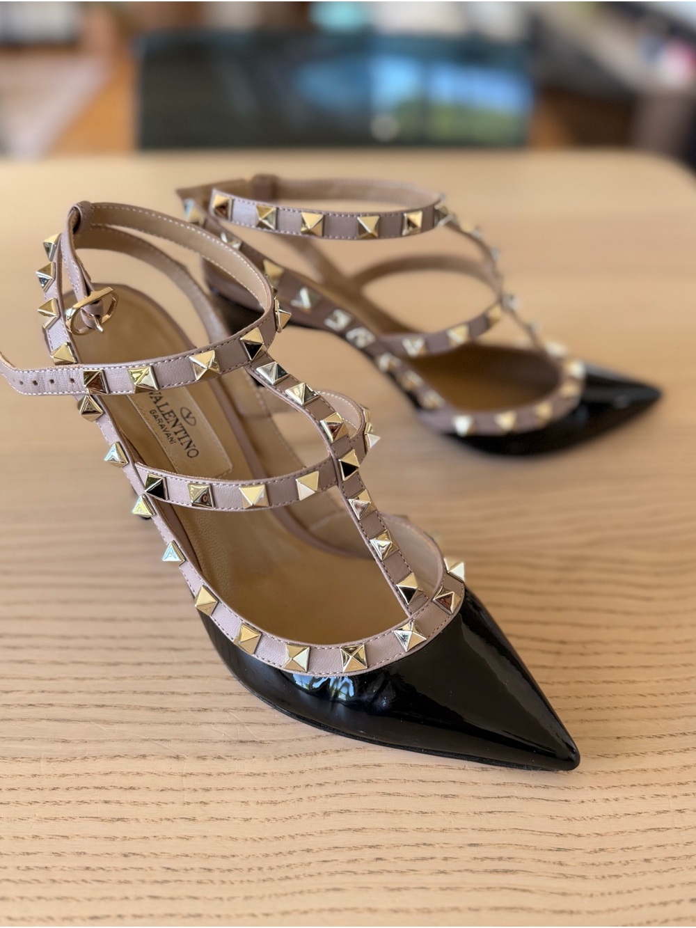 Valentino Black Patent & Nude Rockstud Strappy Pointed Pumps